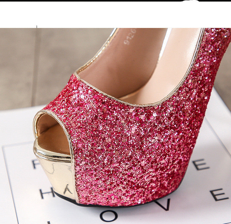 Fashion Sequin Gradient Color Sexy Fish Mouth Stiletto Platform High Heels