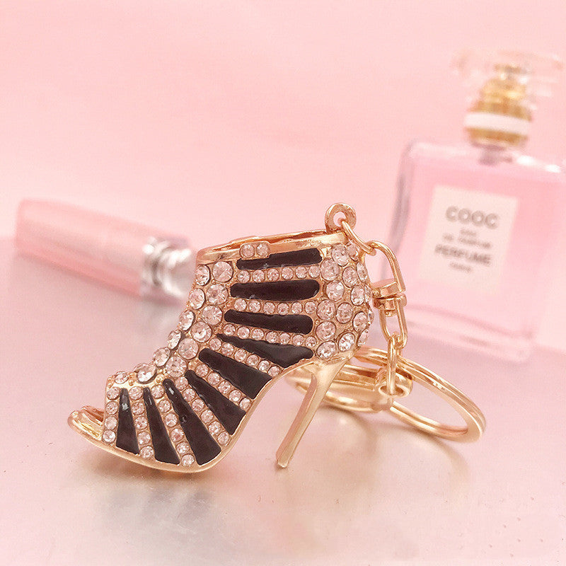 Metal Rhinestone Striped High Heels Keychain