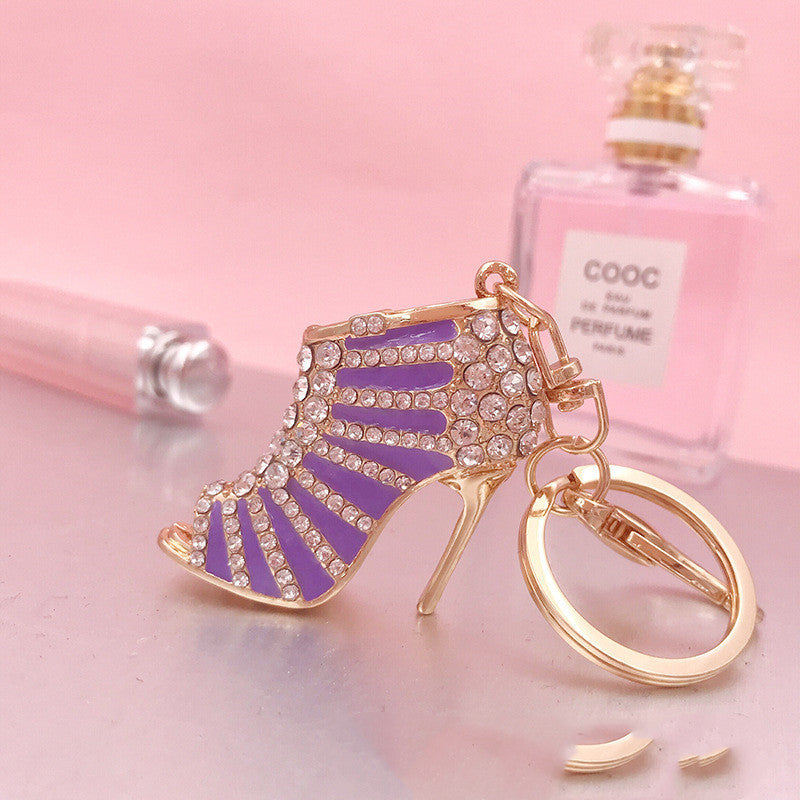 Metal Rhinestone Striped High Heels Keychain