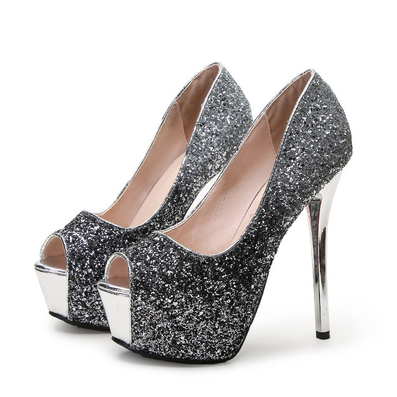 Fashion Sequin Gradient Color Sexy Fish Mouth Stiletto Platform High Heels