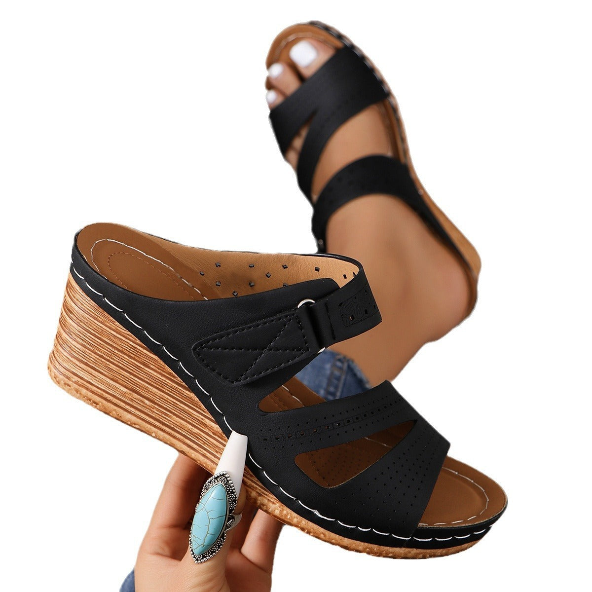 Cross-border Thick-soled Round Toe One-word Outdoor Wedge Sandals