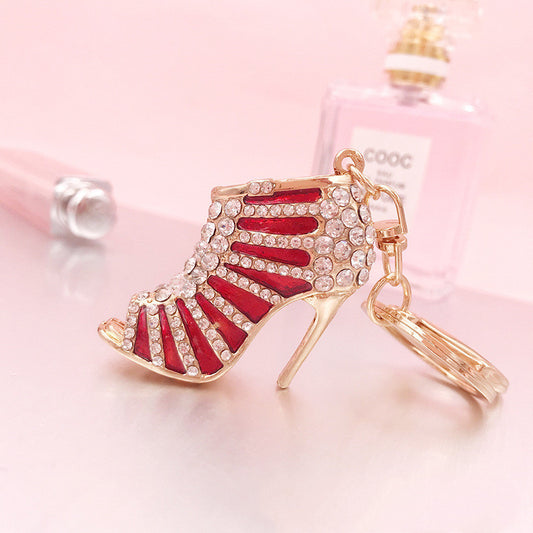 Metal Rhinestone Striped High Heels Keychain