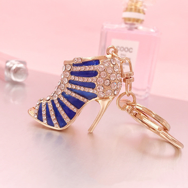 Metal Rhinestone Striped High Heels Keychain