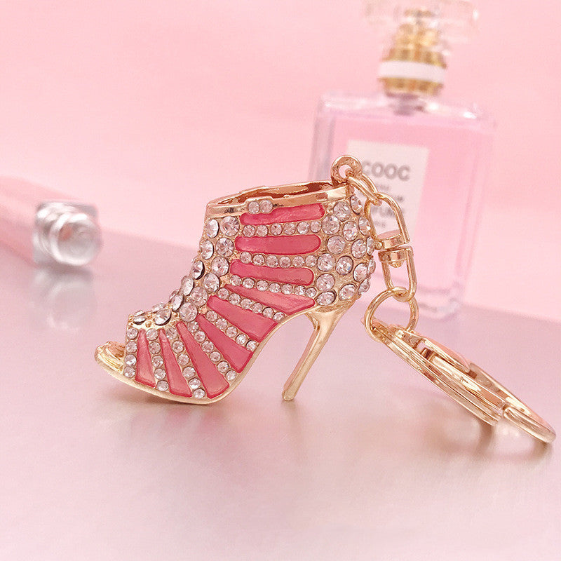Metal Rhinestone Striped High Heels Keychain