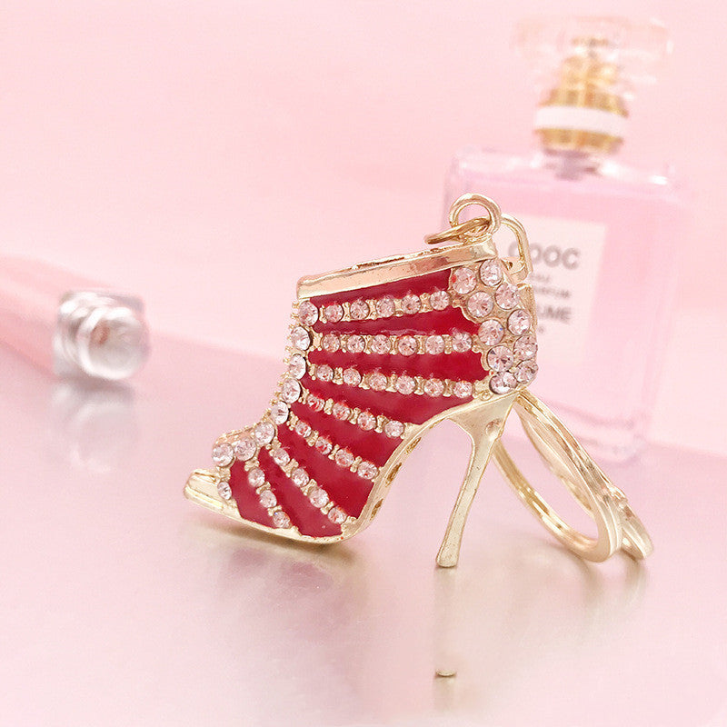 Metal Rhinestone Striped High Heels Keychain