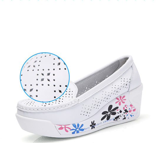 Hollow Leather Floral Women's Single Shoes Leather Nurse Platform Shoes