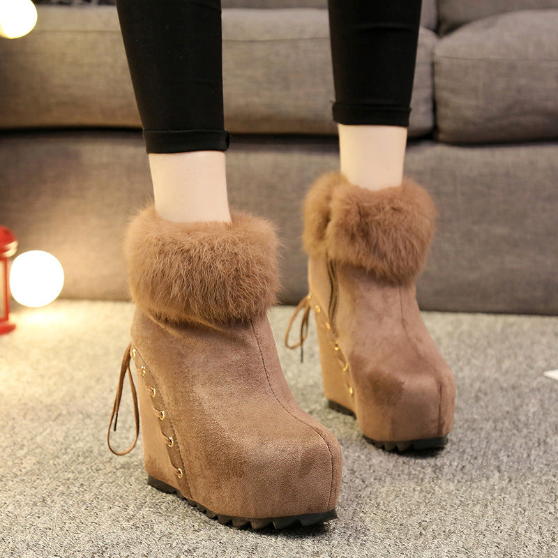 Real Rabbit Fur Inner Heightening Women's Wedge Heel Fashion Short Boots