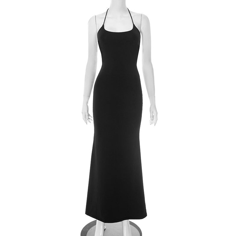 Women's Pure Color Halter Lace-up Tube Top Backless A- Line Dress