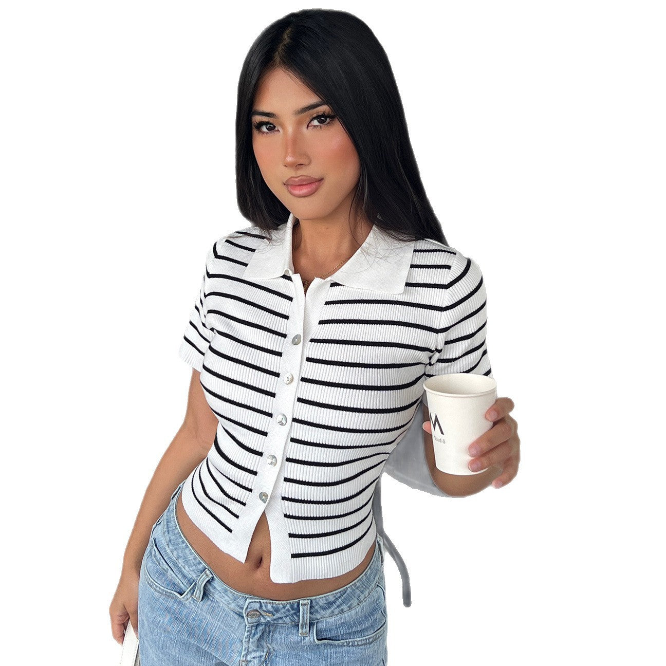 Contrast Color Striped Wool Short Sleeve Single Row Button Cardigan Top Women
