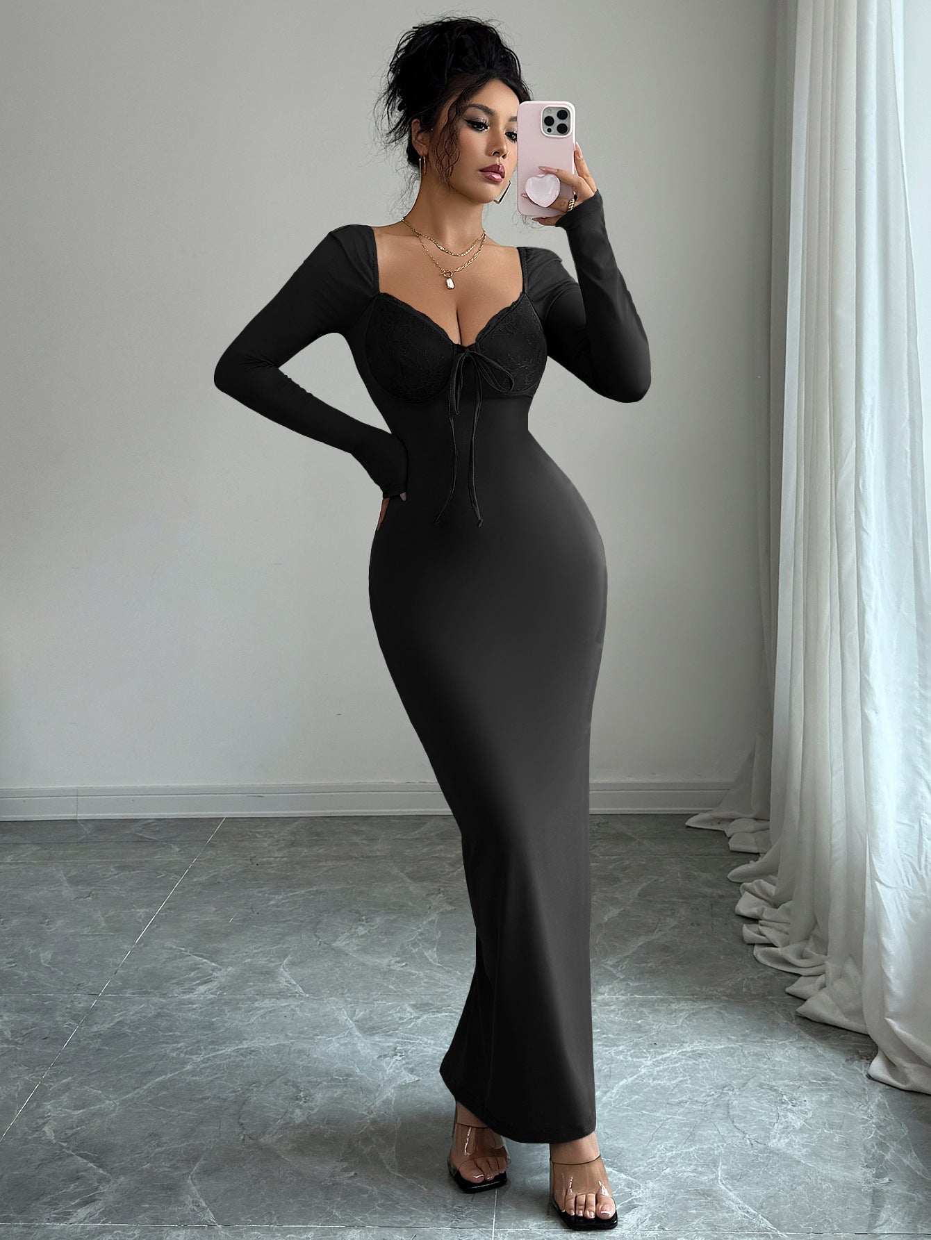 Solid Color Lace Package Hip Skirt Dress Women
