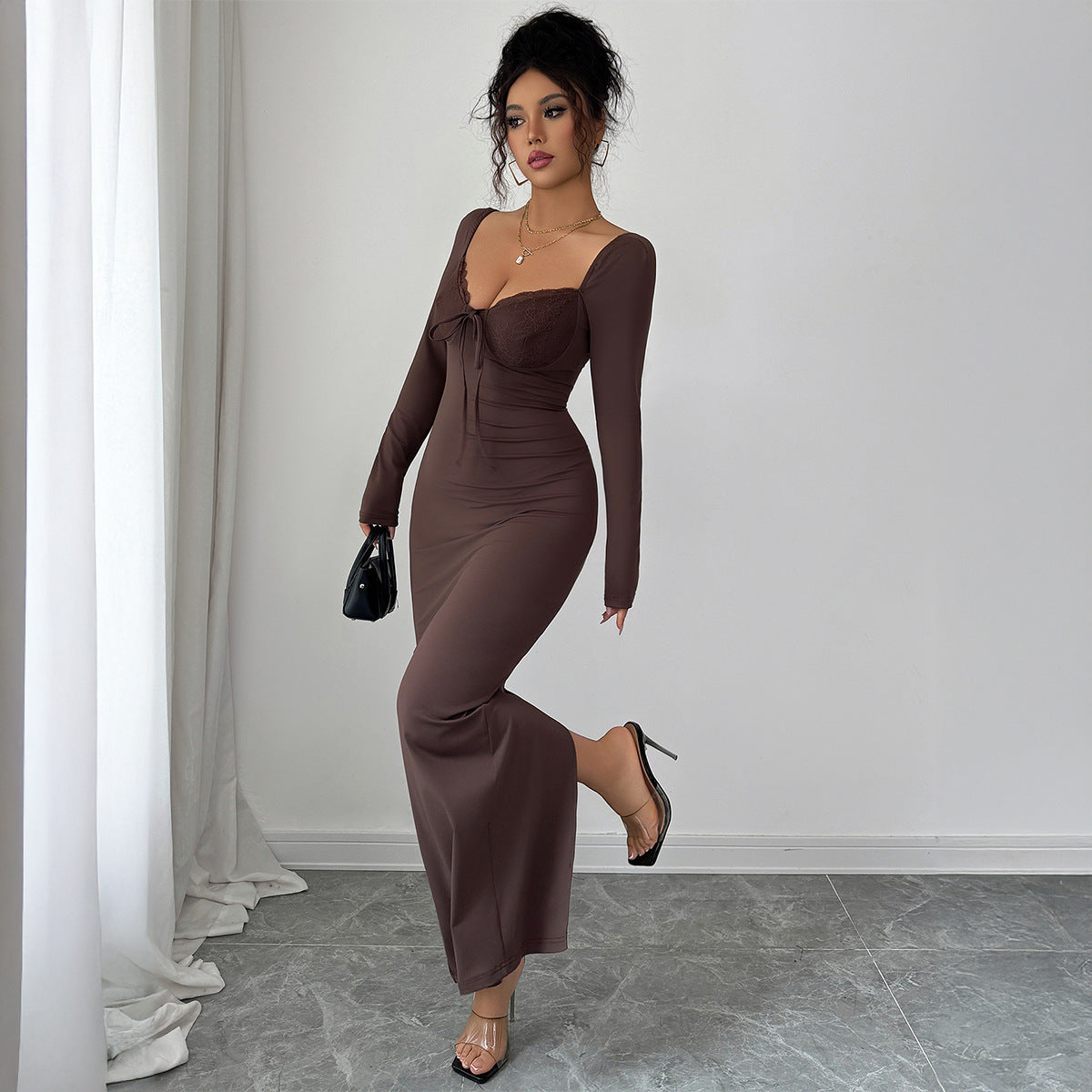 Solid Color Lace Package Hip Skirt Dress Women