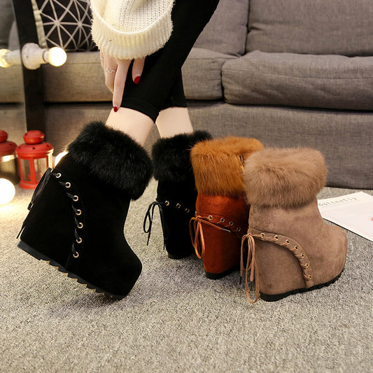 Real Rabbit Fur Inner Heightening Women's Wedge Heel Fashion Short Boots