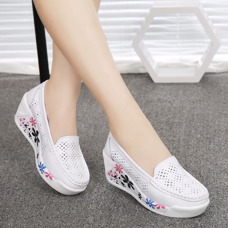 Hollow Leather Floral Women's Single Shoes Leather Nurse Platform Shoes