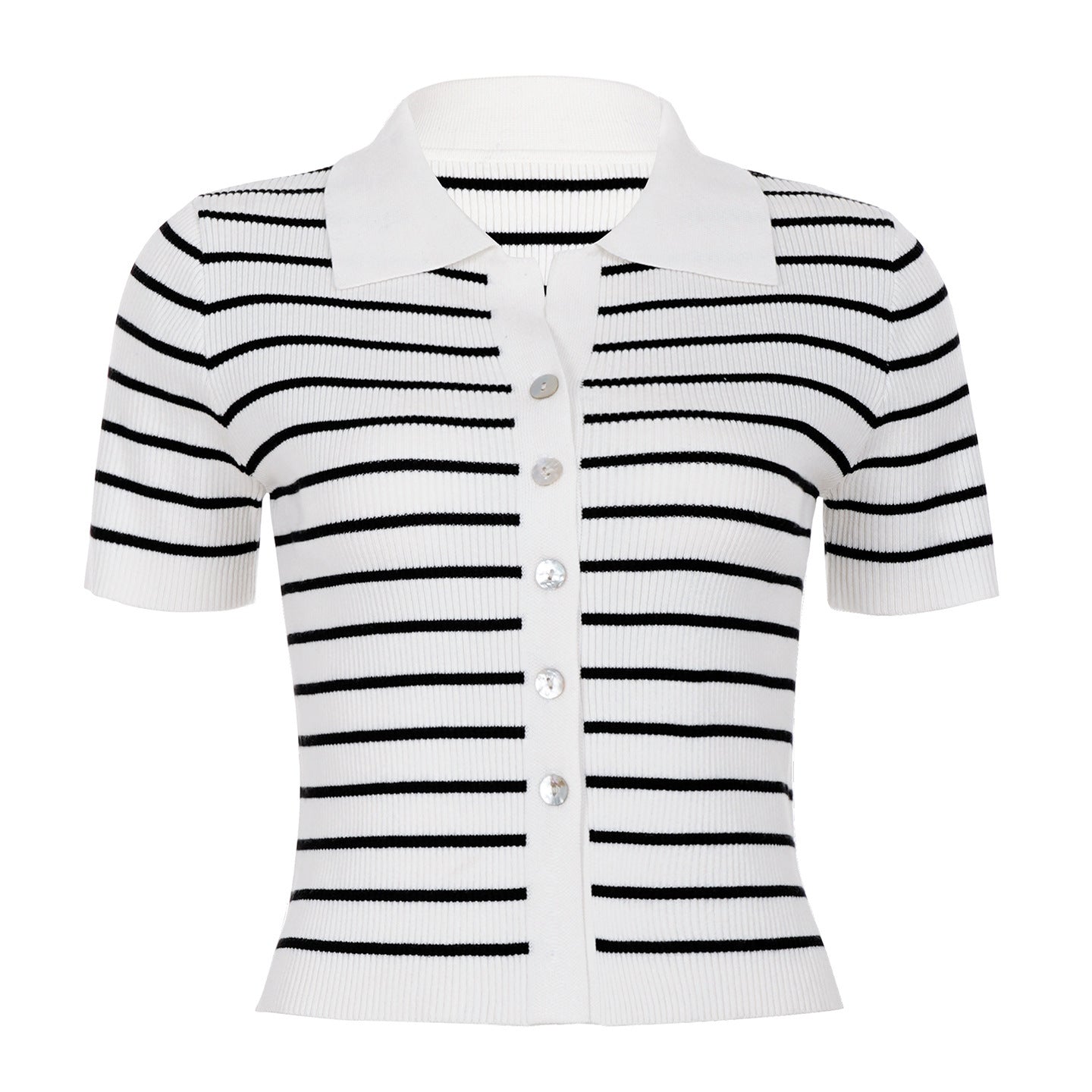 Contrast Color Striped Wool Short Sleeve Single Row Button Cardigan Top Women