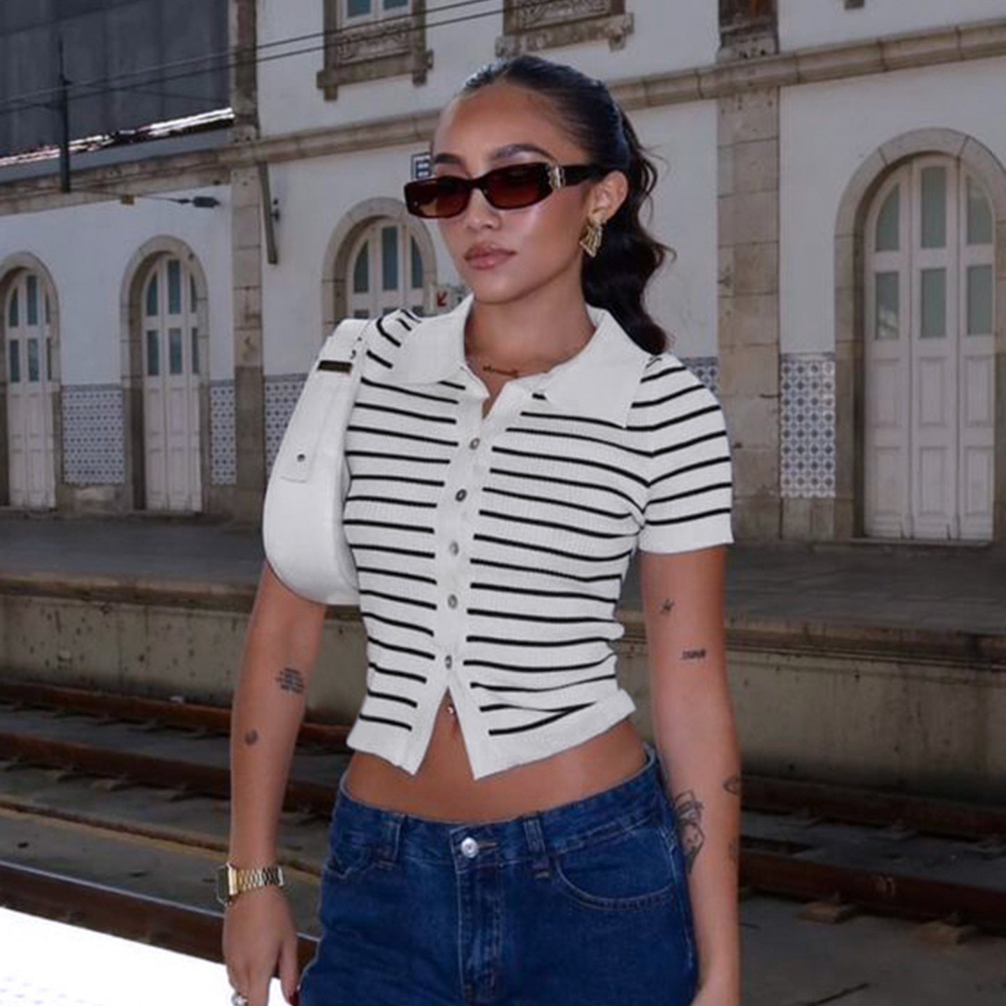 Contrast Color Striped Wool Short Sleeve Single Row Button Cardigan Top Women