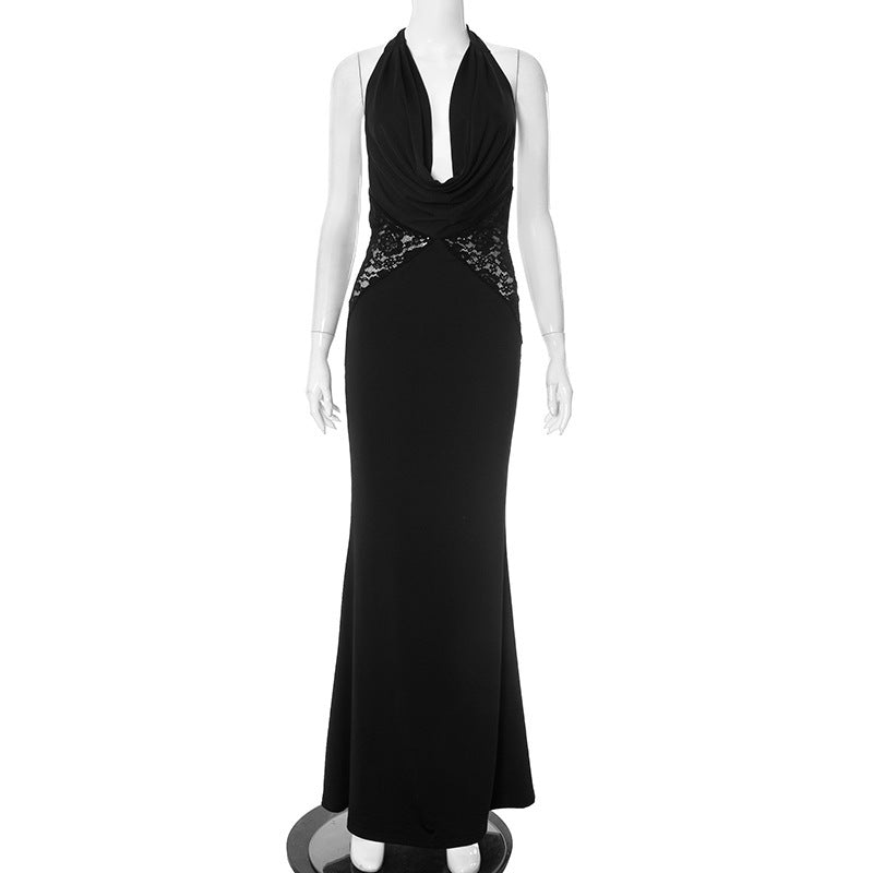 Stitching Halter Lace-up Deep V Long Dress Women
