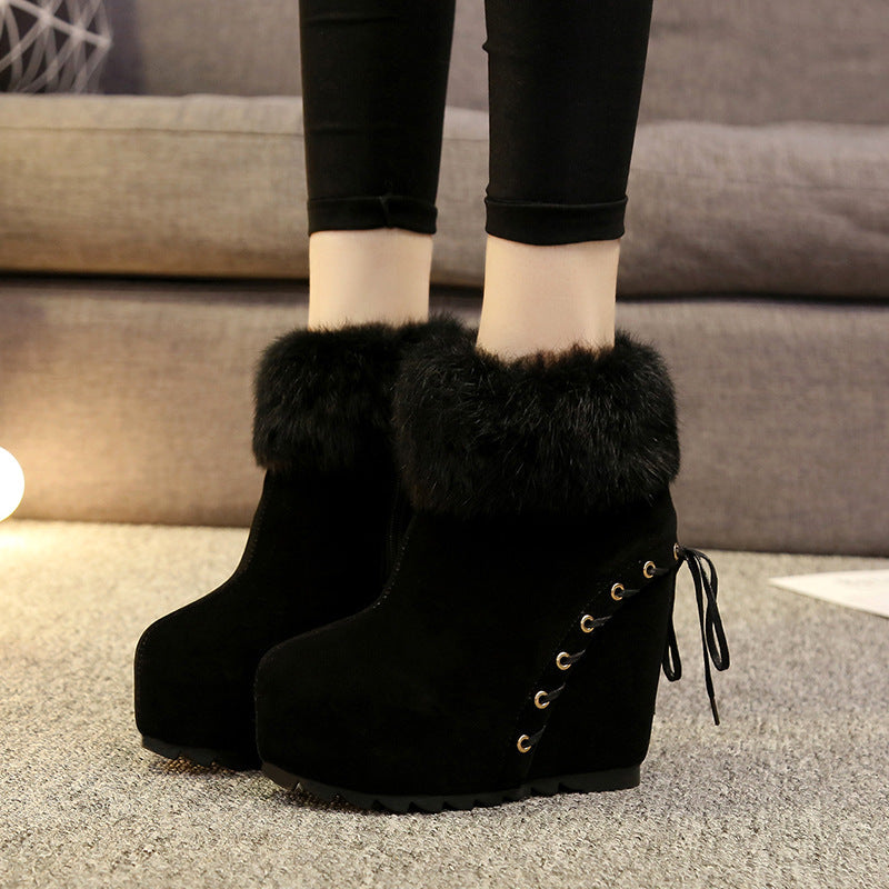 Real Rabbit Fur Inner Heightening Women's Wedge Heel Fashion Short Boots