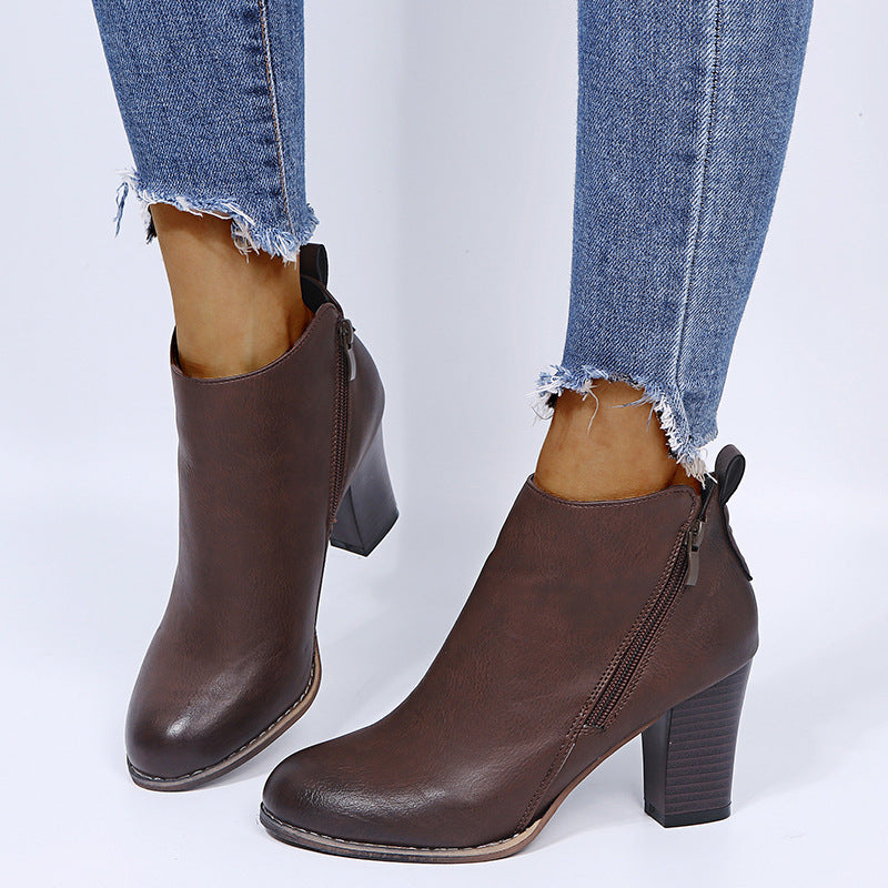 European And American Thick Heel Side Zipper Women's Fashion Shoes