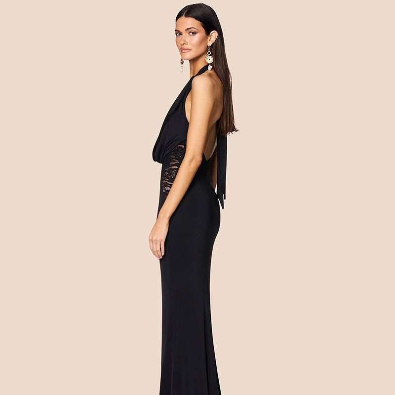 Stitching Halter Lace-up Deep V Long Dress Women