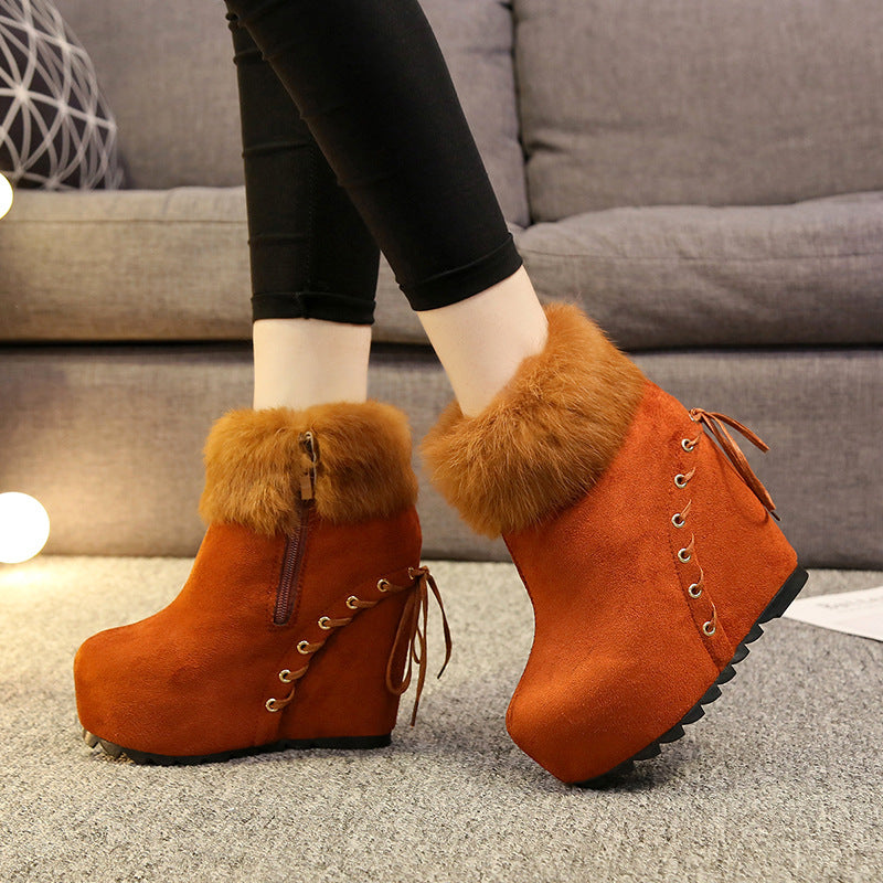 Real Rabbit Fur Inner Heightening Women's Wedge Heel Fashion Short Boots