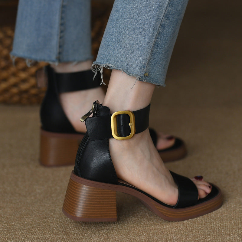British Style Retro Strap Sandals Chunky Heel