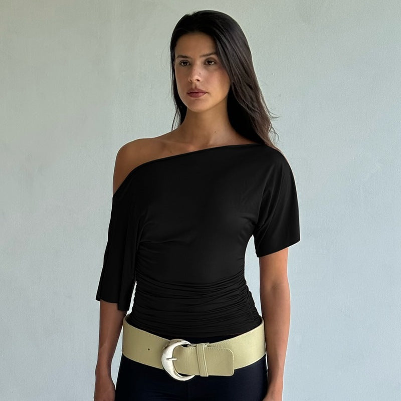 Women's Summer Off-the-shoulder Short Sleeve Pleated Waist Slimming T-shirt
