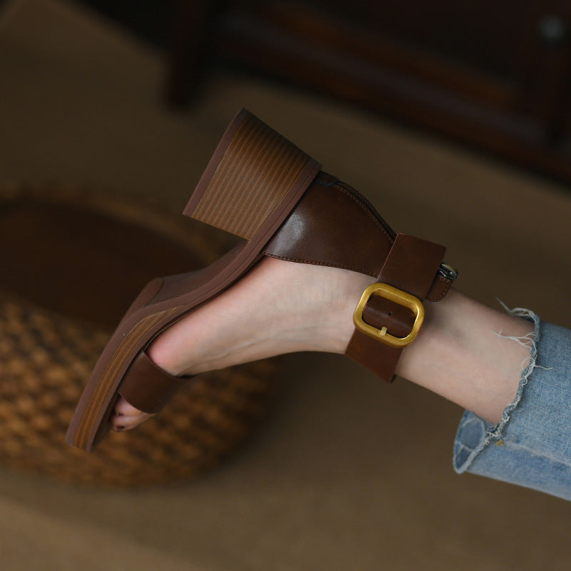 British Style Retro Strap Sandals Chunky Heel