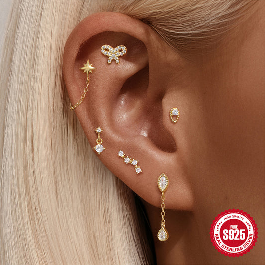 S925 Sterling Silver Hollow Lotus Flower Rhinestone-embedded Ear Bone Stud
